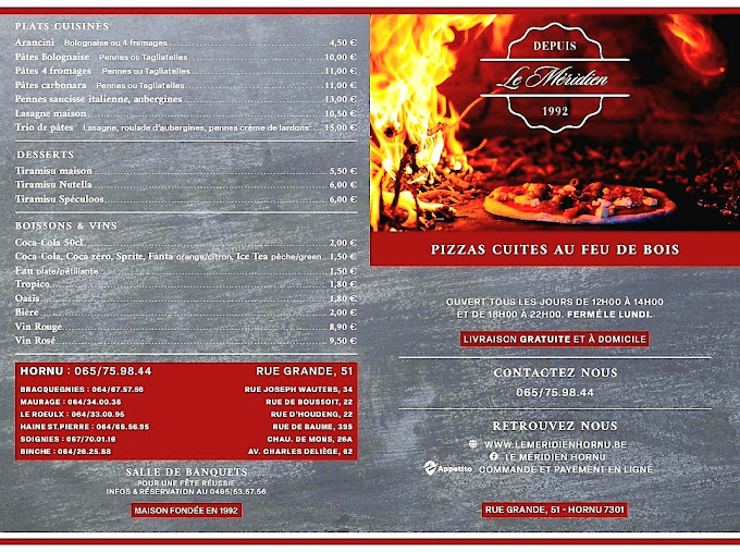 Menu complet et informations — Le Méridien Hornu